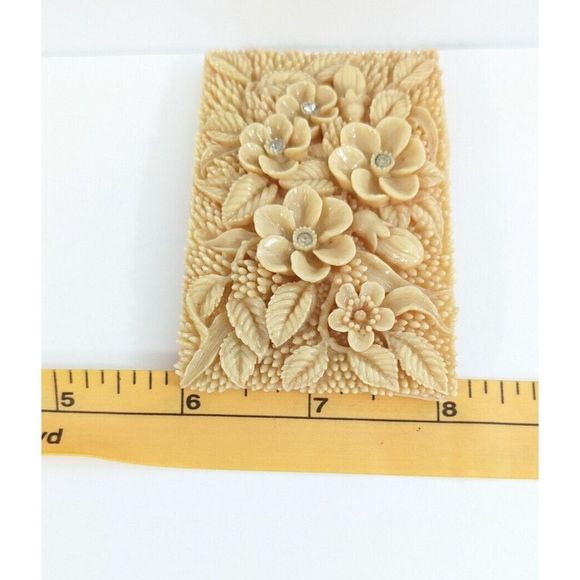 Floral Rectangle Early molded Plastic  Vintage Belt Buckle Rhinestone flowers - Picture 10 of 11